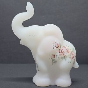 Fenton White Satin Glass Elephant Standing Hand Painted Flowers Trunk Up Signed